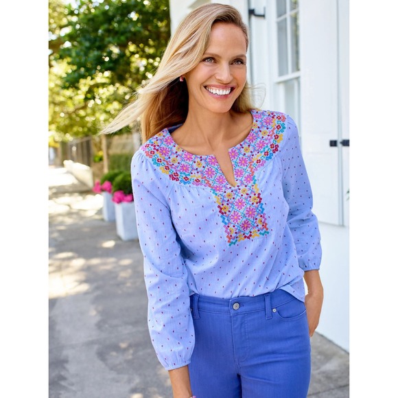 Talbots Tops - Talbots Floral Embroidered Chambray Blouse Size MP Multicolor Peasant Cottage